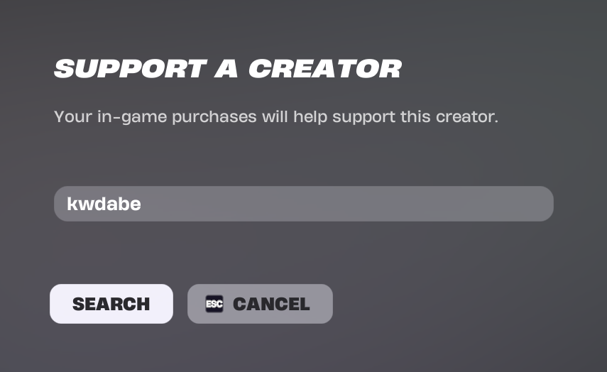 Fortnite Support-A-Creator screen showing creator code KWDabe
